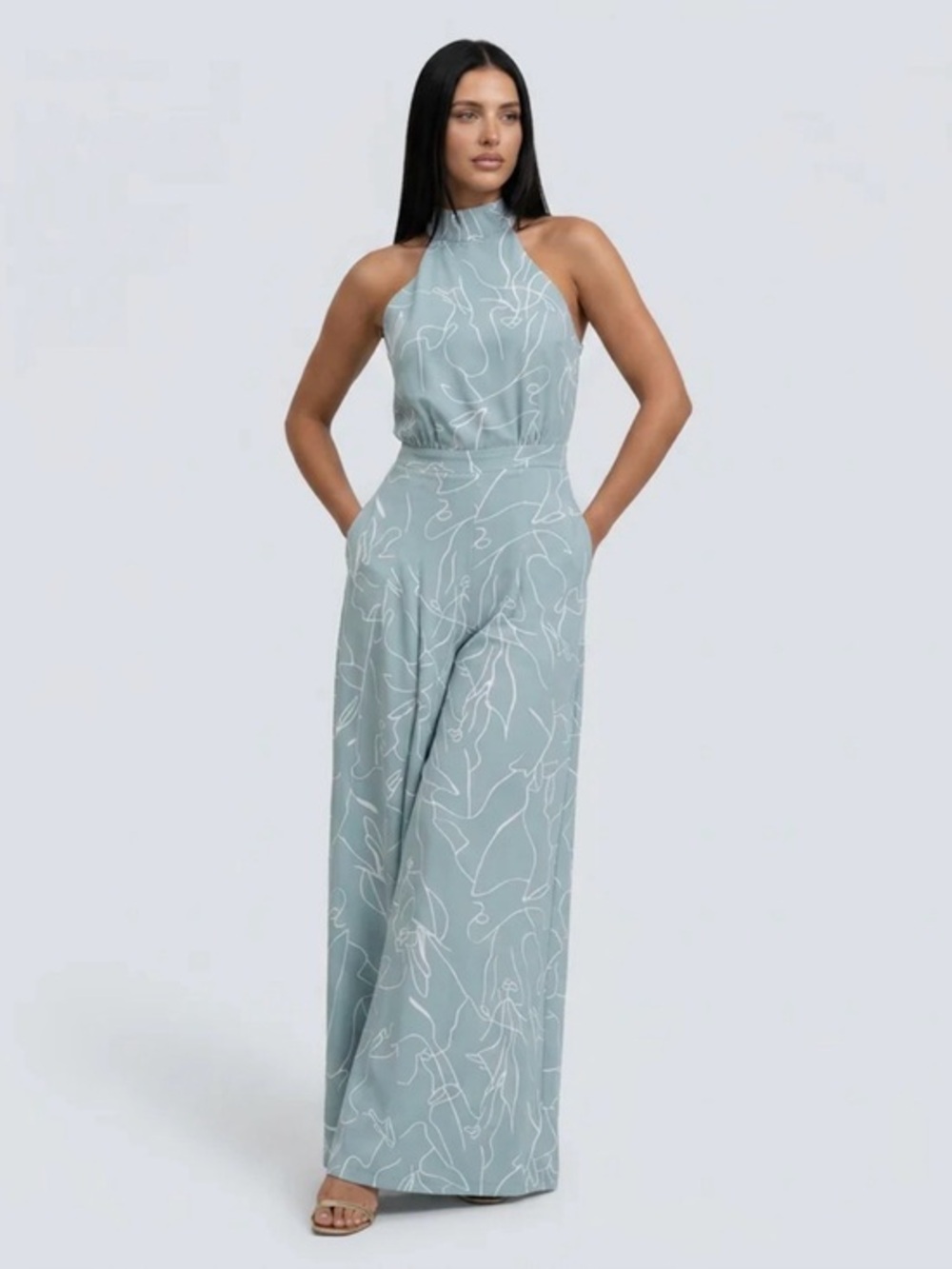 Novora The Label- Halter Wide-Leg Jumpsuit in Sage with White Line Print MEDIUM